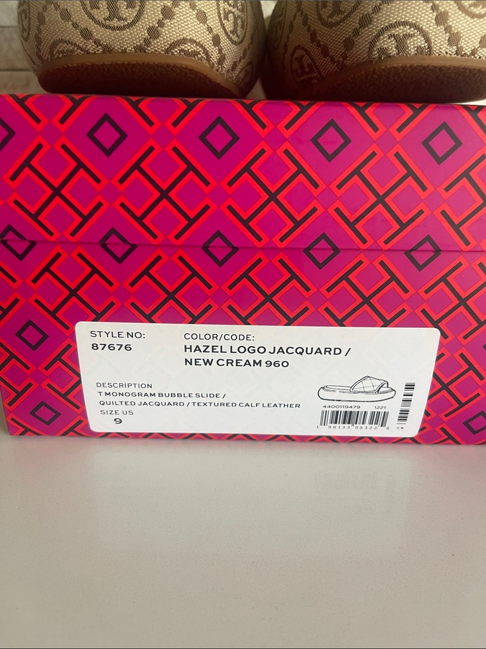 NIB $328 Tory Burch T-Monogram Bubble Slide in Hazel Jacquard Size 9 - Picture 13 of 16